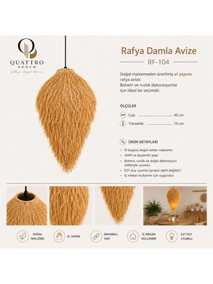 Quattro Home Rafya Damla Avize 40X70 cm Doğal Rattan El Yapımı Bohem Sarkıt Aydınlatma