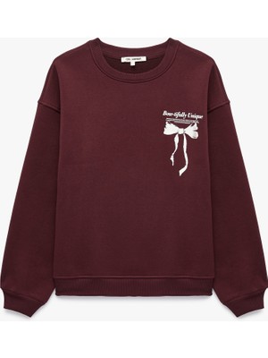 Koton Rahat Kalıp Bisiklet Yaka Şardonlu Arkası Fiyonk Baskılı Sweatshirt