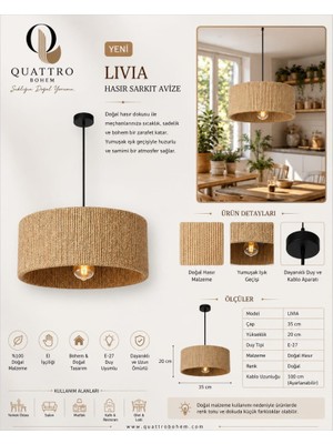Quattro Home Livia Hasır Sarkıt Avize 35X20 cm El Yapımı Doğal Hasır Bohem Dekoratif Tavan Lambası