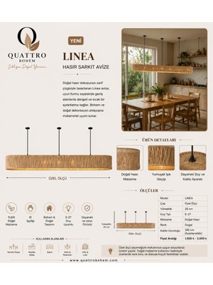 Quattro Home Linea Hasır Sarkıt Avize Özel Ölçü El Yapımı Doğal Hasır Lineer Avize Yemek Masası ve Mutfak Adası Avizesi
