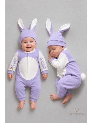 Babyden's Tavşan Kulaklı Yenidoğan Tulum Seti %100 Pamuklu Ayarlanır Ponponlu Kız Bebek Tulum Şapka Set Lila