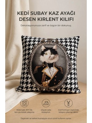 Kırlent Ev Kedi Subay Kaz Ayağı Desen Kırlent Kılıfı 43x43 cm Yumuşak Koltuk Kumaşı ile Tasarlandı