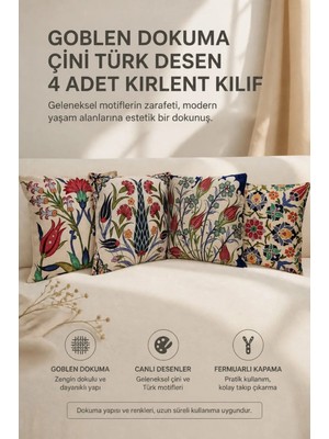 Goblen Dokuma Çini Türk Desen 4 Adet Kırlent Kılıf