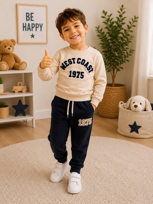 Serpil Erkek Çocuk Bej Sweatshirt Lacivert Jogger Eşofman Takımı 1975 Baskılı 2 Parça Spor Takım