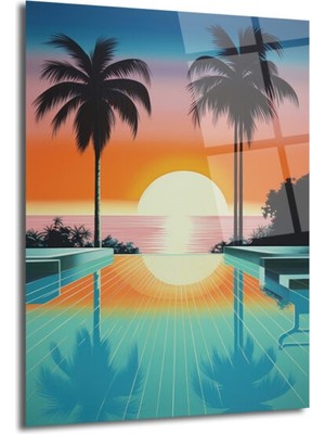 GLAZELLA Synthwave Gün Batımı Manzarası Cam Tablo