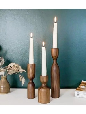 Empressco Doğal Ahşap Iskandinav 3'lü Set 18-14-10 cm Şamdan Rustik Modern Vintage