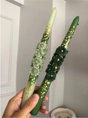 Empressco 2’li Yeşil El Boyaması Çiçekli Papatyalı Mum Seti / Kabartmalı Boyutlu Şamdan Mum