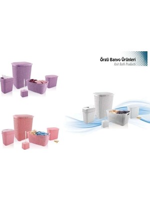 5 Parça Örgü Desenli Plastik Banyo Seti Çamaşır Sepeti Deterjanlık Klik Çöp Kovası Klozet