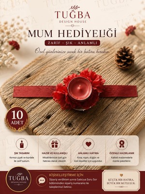 Tuğba Design House Kırmızı Çiçekli Mum Hediyeliği Kurdeleli Kına Nişan Nikah Söz Hatırası – 10 Adet
