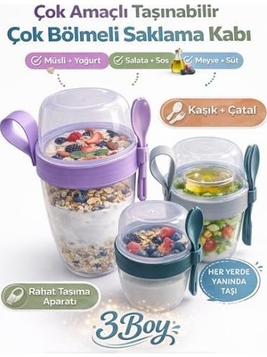 3 Lü Set Taşınabilir Kaşık+Çatal Kapaklı Yoğurt Müsli Granola Yemek Diyet Saklama Kabı Take And Go Bardak Kahvaltı Salata Hazırla Çık