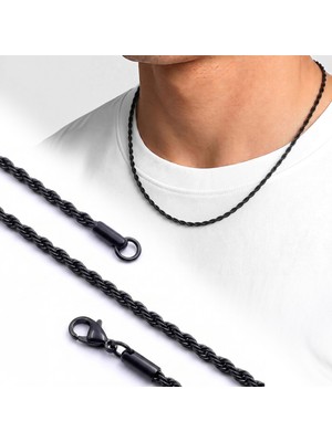 Kuşkaya Ticaret Rope Halat Erkek Çelik Kolye 2mm 55CM Siyah - Siyah