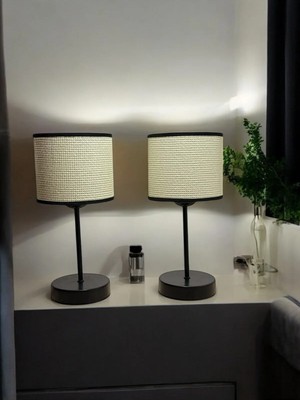 Empressco Abajur Ikili Set Beyaz Hazeran Rattan  Şapkalı Hasır Abajur Masa Lambası Salon Yatak Odası 2'li