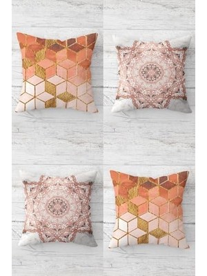 Balpeteği Desenli Etnik Kombin Gizli Fermuarlı Kırlent Kılıfı Koltuk Yastık Kılıfı TAKIM(4ADET), Turuncu-Gold 45 x 45