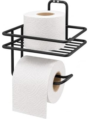 Yapışkanlı Siyah Raflı Tuvalet Kağıtlığı, Delmeden Montaj Duvar Tipi Tuvalet Kağıdı Tutucu, Banyo ve Wc Organizer