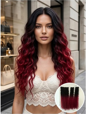 Marsilyan Yeni Siyah Kızıl Afro Dalgalı Uzun Yarım Ay Saç  3 Parça Çıt Çıt 80CM. 270 Gr.