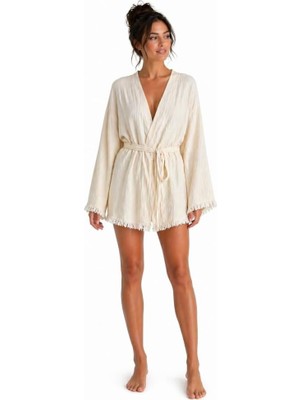 Happy Trend Sedna Kadın Ekru Müslin Kimono Bornoz – Kuşaklı, Püskül Detaylı, Oversize Rahat Kesim Plaj & Ev Giyim