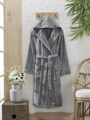 Happy Trend Pamuklu Kadife Kapüşonlu Unisex Mürdüm Bornoz S-M Antrasit