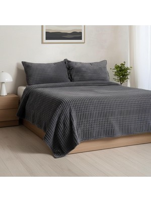 Happy Trend Merinos Modern Line 3 Parça Battaniye Seti | Antrasit Renk, Yumuşak, Şık ve Konforlu Ev Tekstili, Dekoratif Tasarım