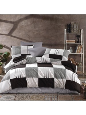 Lüks%80 Pamuklu Çift Kişilik Nevresim Takımı Seti Yorgan Kılıfı Siyah Gri Beyaz Kareli Desen 200X220 cm + Lastikli Battal Boy Çarşaf 180X200X30 cm +2 Yastık Kılıflı 50X70 cm