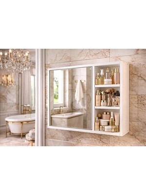 Happy Trend Pıkas Aynalı Banyo Dolabı, Lavabo Üstü Tek Kapaklı 3 Raflı Çok Amaçlı Duvar Tipi Banyo Üst Dolabı, Beyaz