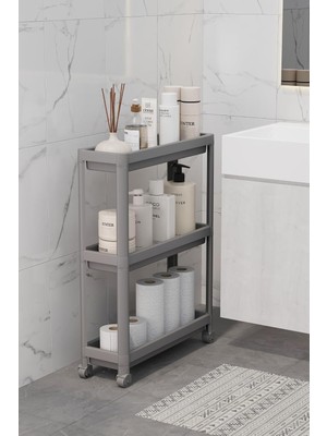 Happy Trend Mithra Life 3 Katlı Tekerlekli Slim Ince Gri Banyo Mutfak Rafı Polipropilen Plastik MIT1127