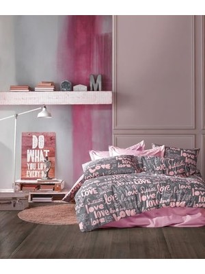 %70 Pamuklu Çift Kişilik Nevresim Takımı Yorgan Kılıfı Seti + Lastikli Çarşaf +2 Yastık Kılıflı-Kalp Desen (Pembe-Kalp-Love)