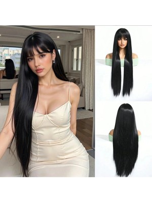 Marsilyan Siyah Düz Kahküllü Uzun Fiber Sentetik Peruk