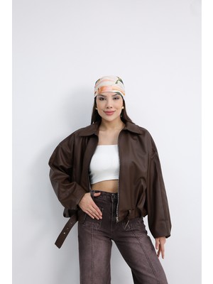Dut Store Kadın Oversize Kemer Detaylı Deri Ceket Kahverengi