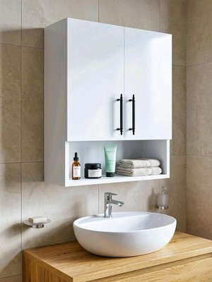 Happy Trend 2 Kapaklı Banyo Dolabı, Çok Amaçlı Dolap, Banyo Ecza Dolabı,beyaz, Asudehome, 70X55X18 Cm, Duvar Tipi