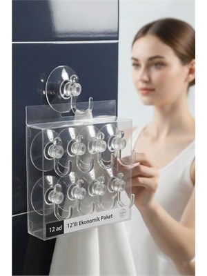 Modacar 12'li Şeffaf Askılı Vantuz Kanca | Banyo & Mutfak Duvar Askısı (4cm) - 1.36KG Taşıma 722497