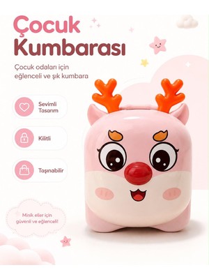 Shopfocus Sevimli Geyik Figürlü Kilitli Anahtarlı Kumbara Taşıma Sapı Özel Şeffaf Kutulu Hediyelik Çocuklar Için