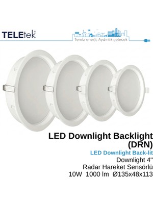 Teletek 10W Plastik Derin Kasa LED Downlight 4 Radar Hareket Sensörlü Backlight Slim Yuvarlak Beyaz Işık  Spot Sıva Altı Panel Armatür , IP44 Ince Kasa Spot Aydınlatma