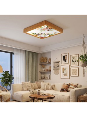 Wood Design World Ahşap Çerçeveli Çiçek Desenli Kare Plafoniyer Avize 60X60 cm - Modern Tavan Armatürü