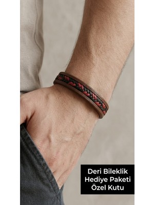 Herşey Nota Perrick Garnet Kahverengi Deri Erkek Bileklik - Kırmızı Siyah Örgü Detaylı