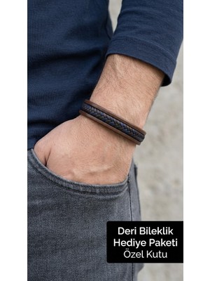 Herşey Nota Marvello Navy Kahverengi Deri Erkek Bileklik - Lacivert Örgü Şerit Detaylı