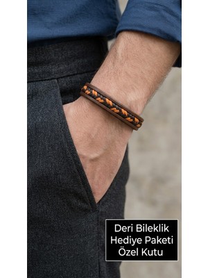 Herşey Nota Norvello Ember Kahverengi Deri Erkek Bileklik - Turuncu Siyah Örgü Detaylı