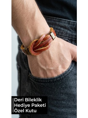 Herşey Nota Caspien Loop Kahverengi Deri Erkek Bileklik - Bordo Hardal Düğüm Detaylı