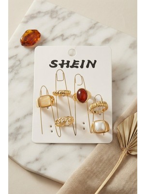 TeknoKapsül Gold Renk Pirinç Taş Detaylı Bohem Yüzük Kombini BYK4280