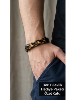 Herşey Nota Delsorin Flame Siyah Deri Erkek Bileklik - Kalın Turuncu Siyah Örgülü