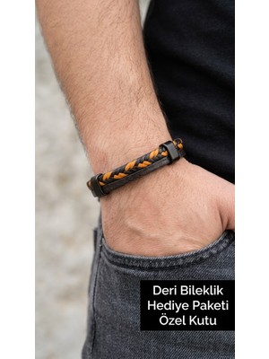 Herşey Nota Theranzo Amber Siyah Deri Erkek Bileklik - Turuncu Örgü Dokulu Tasarım