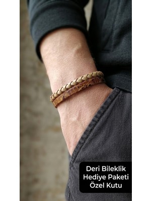 Herşey Nota Tannero Sand Kahverengi Deri Erkek Bileklik - Bej Örgü ve Eskitme Metal Detaylı