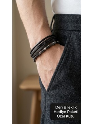 Herşey Nota Delvico Charcoal Kahverengi Deri Erkek Bileklik - Metal Halkalı Çok Sıralı