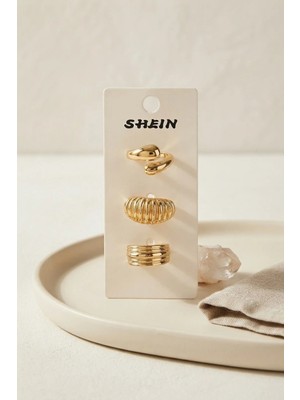 Inure Jewelry Gold Renk Pirinç 3'lü Vintage Kadın Yüzük Kombini BYK4298