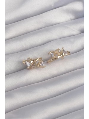 Uslucan Alışveriş Pirinç Gold Renk Iri Zirkon Taşlı Kıvrımlı Minimal Kelebekli Halka Küpe - TJ-BKP9289