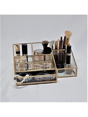 Empressco 5 Bölmeli Brass Glass Minik Çekmeceli Siyah Kadife Makyaj Organizer
