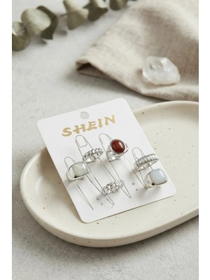 Inure Jewelry Gümüş Renk Pirinç Taş Detaylı Bohem Yüzük Kombini BYK4279