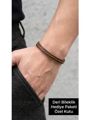 Herşey Nota Harceno Saddle Kahverengi Deri Erkek Bileklik - Sarı Dikişli Geniş Şerit Model
