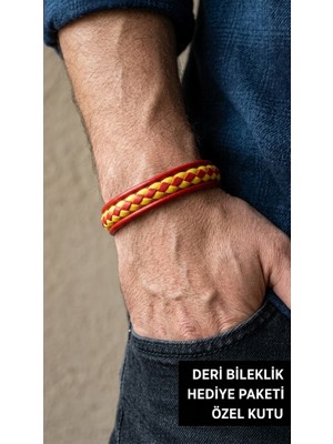 Herşey Nota Dameric Solis Kırmızı Sarı Deri Erkek Bileklik - Çift Örgülü Canlı Tasarım