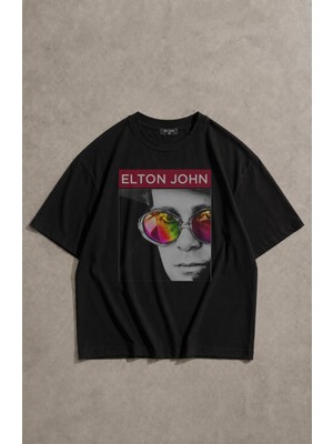 Fuddy Moda Unisex Oversize Elton John Baskılı Bisiklet Yaka Tişört