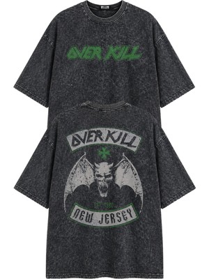 Fuddy Moda Unisex Overkill Est 1980 Sırt Baskılı Yıkamalı Tişört, Oversize Rock Band Temalı Retro Tshirt